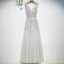 Chic / Beautiful Silver Bridesmaid Dresses 2017 A-Line / Princess Tea-length Lace Appliques Flower Pearl Crossed Straps V-Neck Sleeveless Bridesmaid