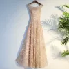 Chic / Beautiful Champagne Prom 2017 A-Line / Princess Lace Appliques Zipper Up Tea-length Scoop Neck Sleeveless Prom Dresses