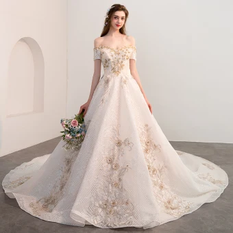 Elegant Champagne Wedding Dresses 2018 A Line Princess Beading Lace Flower Appliques Off The Shoulder Short Sleeve Backless Cathedral Train Wedding