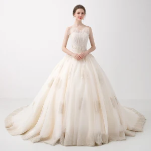 Eleganckie Szampan Suknie Ślubne 2018 Suknia Balowa Frezowanie Z Koronki Kwiat Cekiny Plisowane Spaghetti Pasy Bez Pleców Bez Rękawów Trenem Kaplica Ślub