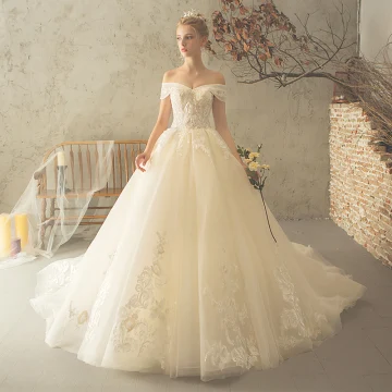 Elegant Champagne Wedding Dresses 2018 Ball Gown Backless Beading Lace Flower Sequins Off The Shoulder Short Sleeve Cathedral Train Wedding
