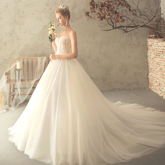 Mote Champagne Brudekjoler 2018 Prinsesse Appliques Blonder Kjæreste Ryggløse Uten Ermer Chapel Train Bryllup