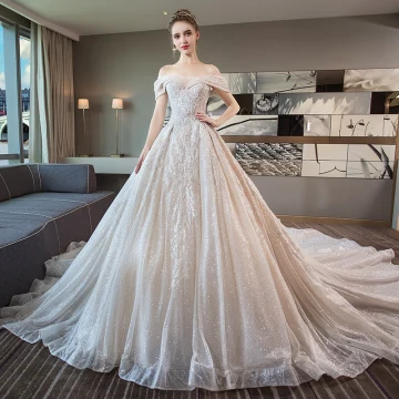 Luxury Gorgeous Champagne Wedding Dresses 2018 Ball Gown Lace Beading Pearl Sequins Off The Shoulder Backless Short Sleeve Royal Train Wedding