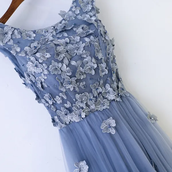 Chic / Beautiful Ocean Blue Prom Dresses 2017 A-Line / Princess Crossed Straps Appliques Flower Lace Tulle Scoop Neck Sleeveless Tea-length