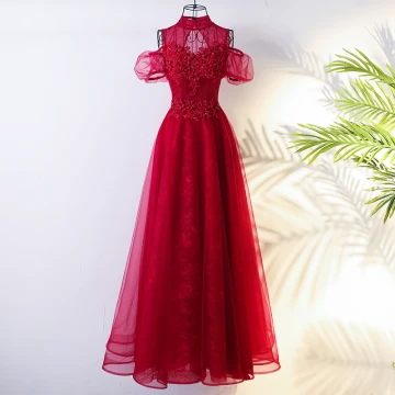 Chic Beautiful Red Chinese Style Evening Dresses 2017 A Line Princess High Neck Short Sleeve Crossed Straps Appliques Beading Flower Floor Length Long Evening Party
