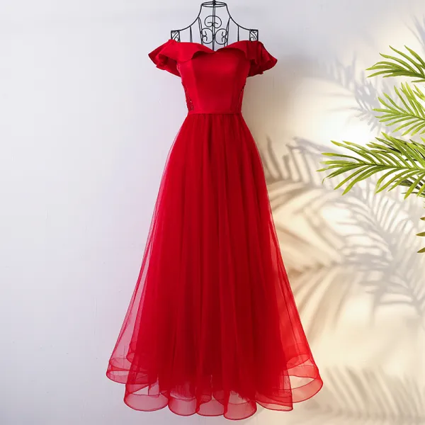 Chic / Beautiful Red Chinese style Evening Dresses  2017 A-Line / Princess Off-The-Shoulder Crossed Straps Short Sleeve Beading Sequins Floor-Length / Long Evening Party