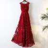 Chic / Beautiful Chinese style Red Evening Party 2017 A-Line / Princess Scoop Neck Sleeveless Zipper Up Braid Lace Tea-length Tulle