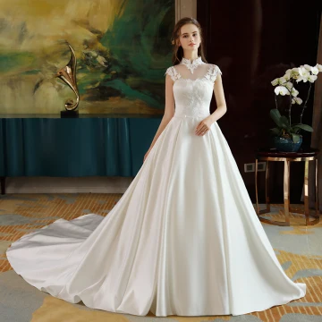 Kinesisk Stil Satin Bröllopsklänningar 2017 Prinsessa Halterneck Hög Hals Korta Ärm Appliqués Vit Spets
