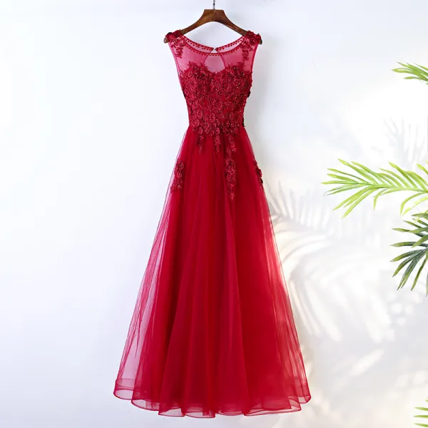 Chic / Beautiful Red Chinese style Evening Dresses  Appliques 2017 A-Line / Princess Crossed Straps Lace Beading Flower Sequins Scoop Neck Sleeveless Tea-length Evening Party