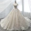 Luxury / Gorgeous Champagne Wedding Dresses 2018 Ball Gown Beading Lace Flower Crystal Pearl Rhinestone Sequins Off-The-Shoulder Backless Short Sleeve Royal Train Wedding
