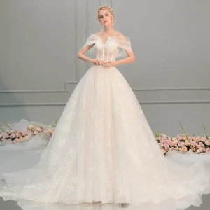 Eleganckie Szampan Suknie Ślubne 2018 Princessa Z Koronki Kwiat Przezroczyste Przy Ramieniu Bez Pleców Kótkie Rękawy Trenem Katedra Ślub