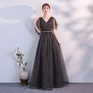 Moderne Mode Noire Robe De Soirée 2018 Princesse Ceinture V Cou Dos Nu Manches Courtes Longue Robe De Ceremonie