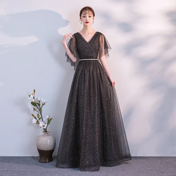 Modern / Fashion Black Evening Dresses 2018 A-Line / Princess Sash V-Neck Backless Short Sleeve Floor-Length / Long Formal Dresses