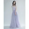 Modest / Simple Lavender Summer Prom Dresses 2018 A-Line / Princess Spaghetti Straps Backless Sleeveless Floor-Length / Long Formal Dresses