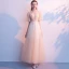 Elegant Champagne Evening Dresses  2018 A-Line / Princess Lace Flower Backless Scoop Neck Short Sleeve Ankle Length Formal Dresses