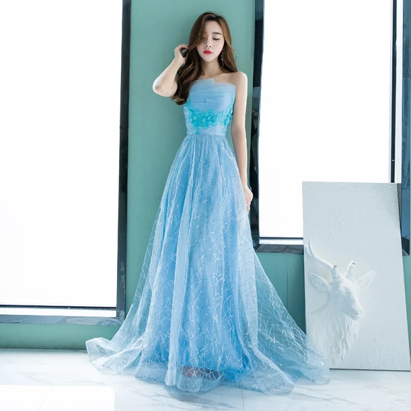 Chic / Beautiful Pool Blue Evening Dresses 2018 A-Line / Princess Lace Flower Rhinestone Sequins Strapless Backless Sleeveless Floor-Length / Long Formal Dresses
