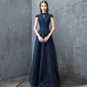 Chic Beautiful Navy Blue Evening Dresses 2018 A Line Princess Lace Crystal Scoop Neck Backless Cap Sleeves Floor Length Long Formal Dresses