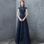 Chic / Beautiful Navy Blue Evening Dresses  2018 A-Line / Princess Lace Crystal Scoop Neck Backless Cap Sleeves Floor-Length / Long Formal Dresses