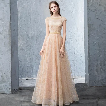 Chic Belle Beige Robe De Soirée 2018 Princesse Perlage Dos Nu Perle Paillettes Encolure Dégagée Sans Manches Longue Robe De Ceremonie