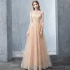 Chic / Beautiful Beige Evening Dresses  2018 A-Line / Princess Beading Backless Pearl Sequins Scoop Neck Sleeveless Floor-Length / Long Formal Dresses