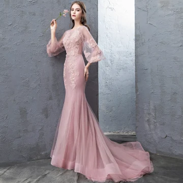 Modern Fashion Candy Pink Evening Dresses 2018 Trumpet Mermaid Lace Flower Appliques Beading Pearl Sequins Scoop Neck Backless 3 4 Sleeve Sweep Train Formal Dresses