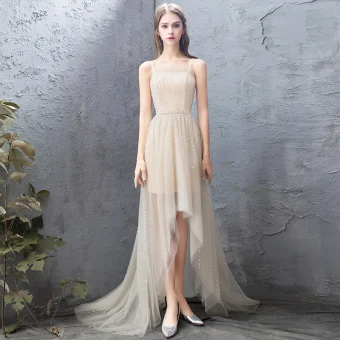 High Low Champagne Cocktail Dresses 2018 A Line Princess Handmade Beading Sequins Backless Spaghetti Straps Sleeveless Sweep Train Formal Dresses