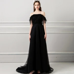 Unique Noire Robe De Soirée 2018 Princesse Gland Perle De L Épaule Dos Nu Manches Courtes Train De Balayage Robe De Ceremonie