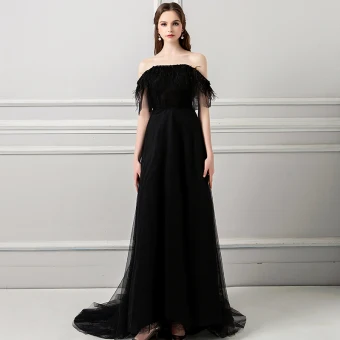 Unique Noire Robe De Soirée 2018 Princesse Gland Perle De L Épaule Dos Nu Manches Courtes Train De Balayage Robe De Ceremonie