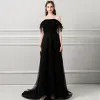Amazing / Unique Black Evening Dresses  2018 A-Line / Princess Tassel Pearl Off-The-Shoulder Backless Short Sleeve Sweep Train Formal Dresses