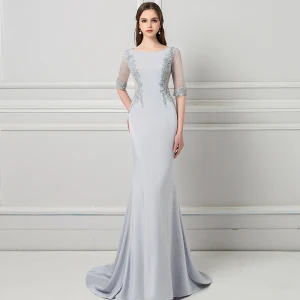 Modern Fashion Grey Evening Dresses 2018 Trumpet Mermaid Beading Lace Flower Pearl Rhinestone Scoop Neck 1 2 Sleeves Sweep Train Formal Dresses