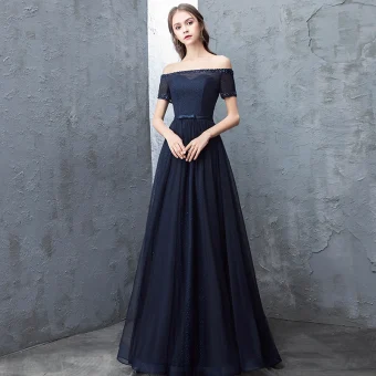 Chic Belle Bleu Marine Robe De Soirée 2018 Princesse Perlage Paillettes Noeud De L Épaule Dos Nu Manches Courtes Longue Robe De Ceremonie