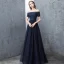 Schöne Marineblau Abendkleider 2018 A Linie Perlenstickerei Pailletten Schleife Off Shoulder Rückenfreies Kurze Ärmel Lange Festliche Kleider