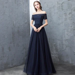 Hermoso Marino Oscuro Vestidos De Noche 2018 A Line Princess Rebordear Lentejuelas Bowknot Fuera Del Hombro Sin Espalda Manga Corta Largos Vestidos Formales