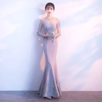 Élégant Gris Robe De Soirée 2018 Trompette Sirène En Dentelle Fleur Perlage Perle Encolure Dégagée Manches Longues Longue Robe De Ceremonie