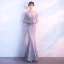 Elegant Grey Evening Dresses  2018 Trumpet / Mermaid Lace Flower Beading Pearl Scoop Neck Long Sleeve Floor-Length / Long Formal Dresses