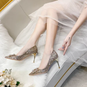 Glitzernden Champagner Abend Perle Strass Pumps 2021 Leder Pailletten 8 Cm Stilettos Spitzschuh Pumps Hochhackige