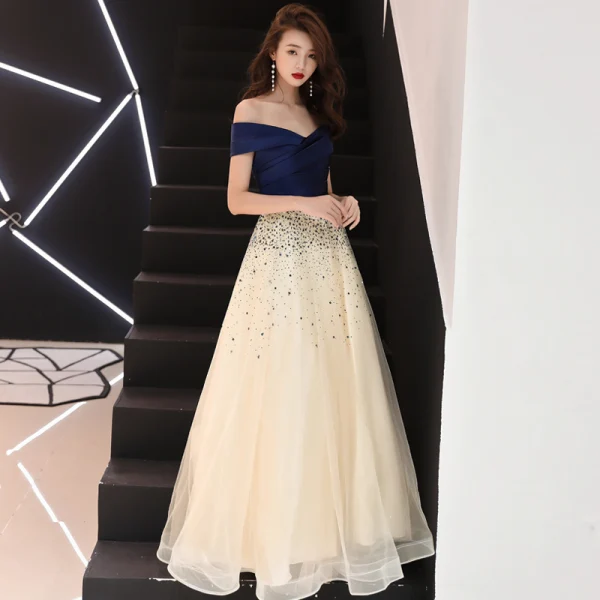 Elegant Champagne Prom Dresses 2018 A-Line / Princess Sequins Off-The-Shoulder Backless Short Sleeve Floor-Length / Long Formal Dresses
