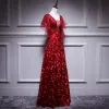 Charming Burgundy Prom Dresses 2018 A-Line / Princess Lace Flower Sequins V-Neck Backless Short Sleeve Floor-Length / Long Formal Dresses