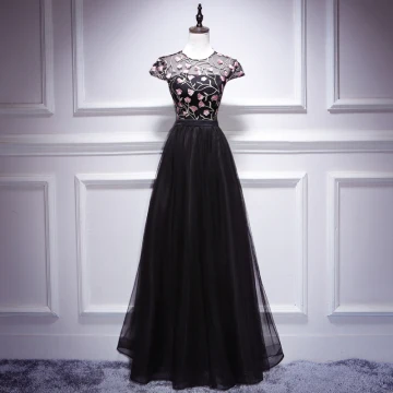 Chic Beautiful Black Evening Dresses 2018 A Line Princess Lace Flower Scoop Neck Cap Sleeves Floor Length Long Formal Dresses