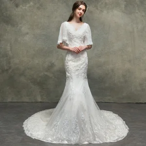 Luxe Ivoire Robe De Mariée 2018 Trompette Sirène Perlage En Dentelle Fleur V Cou 1 2 Manches Tribunal Train Mariage