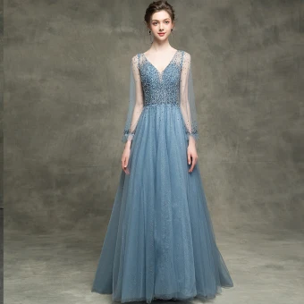 Luxe Bleu Robe De Bal 2018 Princesse Perlage Paillettes V Cou Dos Nu Manches Longues Train De Balayage Robe De Ceremonie