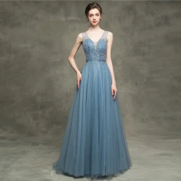 Luxe Bleu Robe De Bal 2018 Princesse Perlage Paillettes V Cou Dos Nu Sans Manches Train De Balayage Robe De Ceremonie
