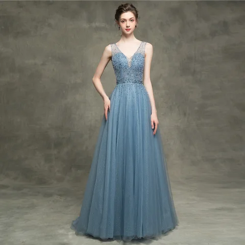 Luxury / Gorgeous Pool Blue Prom Dresses 2018 A-Line / Princess Beading Sequins V-Neck Backless Sleeveless Sweep Train Formal Dresses