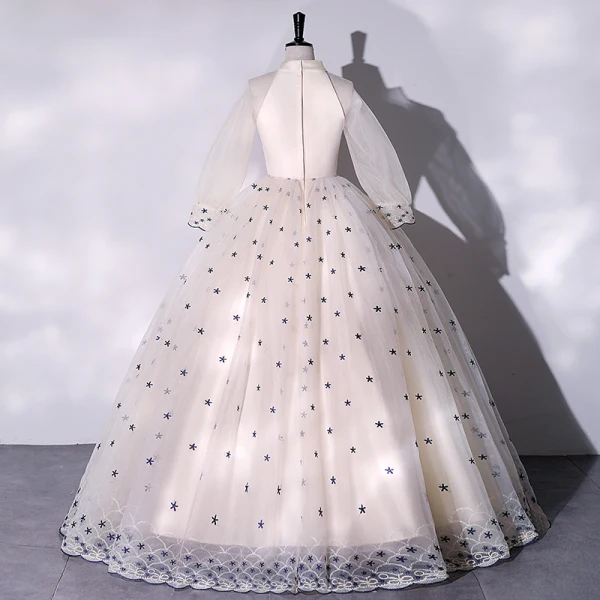 Élégant Champagne Robe De Bal 2022 Robe Boule Encolure Dégagée Étoile En Dentelle Perlage Perle Paillettes Manches Longues Longue Robe De Ceremonie