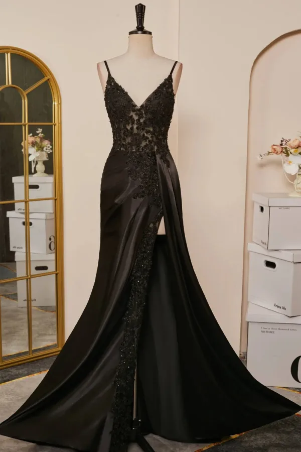 Sexy Black Satin Lace Split Front Prom Dresses 2024 Crossed Straps Sleeveless Spaghetti Straps Trumpet / Mermaid Floor-Length / Long Formal Dresses