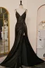 Sexy Black Satin Lace Split Front Prom Dresses 2024 Crossed Straps Sleeveless Spaghetti Straps Trumpet / Mermaid Floor-Length / Long Formal Dresses