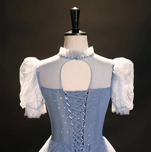 Elegant Bling Bling Sky Blue Beading Star Sequins Prom Dresses 2023 Ball Gown High Neck Short Sleeve Backless Floor-Length / Long Formal Dresses
