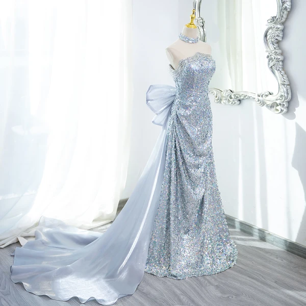 Scintillantes Sexy Argenté Perlage Perle Paillettes Robe De Soirée 2024 Trompette / Sirène Bustier Sans Manches Dos Nu Noeud Longue Soirée