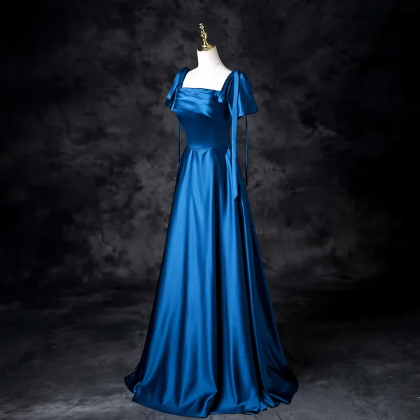 Vintage / Retro Royal Blue Satin Prom Dresses 2025 A-Line / Princess Square Neckline Short Sleeve Bow Backless Floor-Length / Long Prom Formal Dresses
