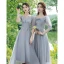 Modest / Simple Sky Blue Bridesmaid Dresses 2021 A-Line / Princess V-Neck Bow Short Sleeve Backless Tea-length Wedding Party Dresses